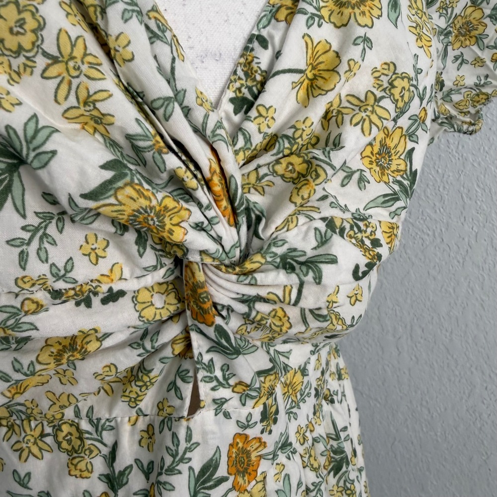 Japna Floral Cotton Maxi Dress Twist Front Puff Sleeve Lace Trim Yellow Green M - Picture 3 of 5